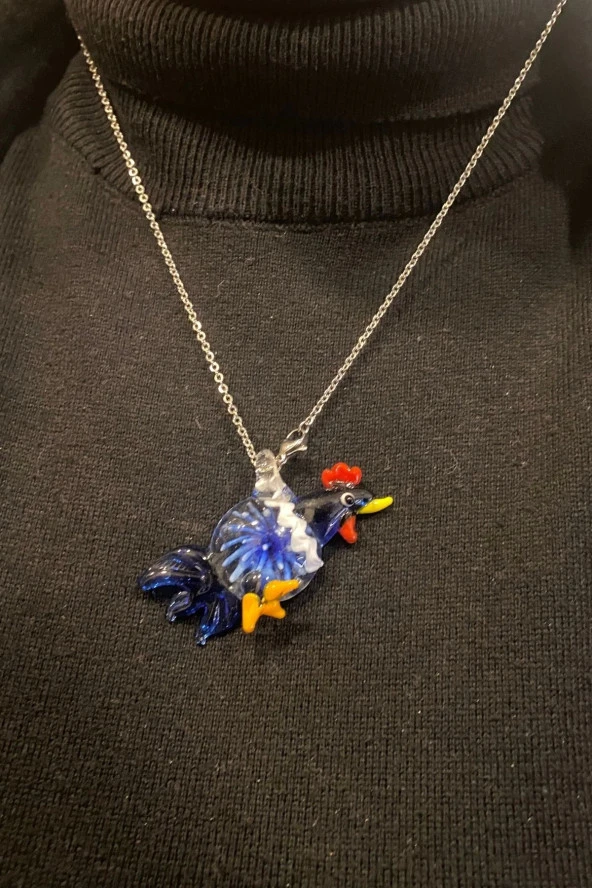 Feng Shui Ejderha Yılında Koruyucu Horoz Kolye Marone İtalyan Cam Özel Üretim Koyu Mavi - 2