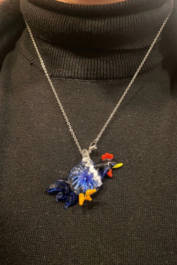 Feng Shui Ejderha Yılında Koruyucu Horoz Kolye Marone İtalyan Cam Özel Üretim Koyu Mavi - 4