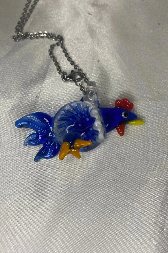 Feng Shui Ejderha Yılında Koruyucu Horoz Kolye Marone İtalyan Cam Özel Üretim Koyu Mavi - 5