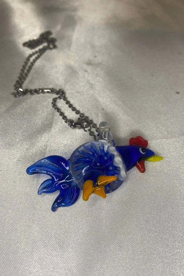 Feng Shui Ejderha Yılında Koruyucu Horoz Kolye Marone İtalyan Cam Özel Üretim Koyu Mavi - 8