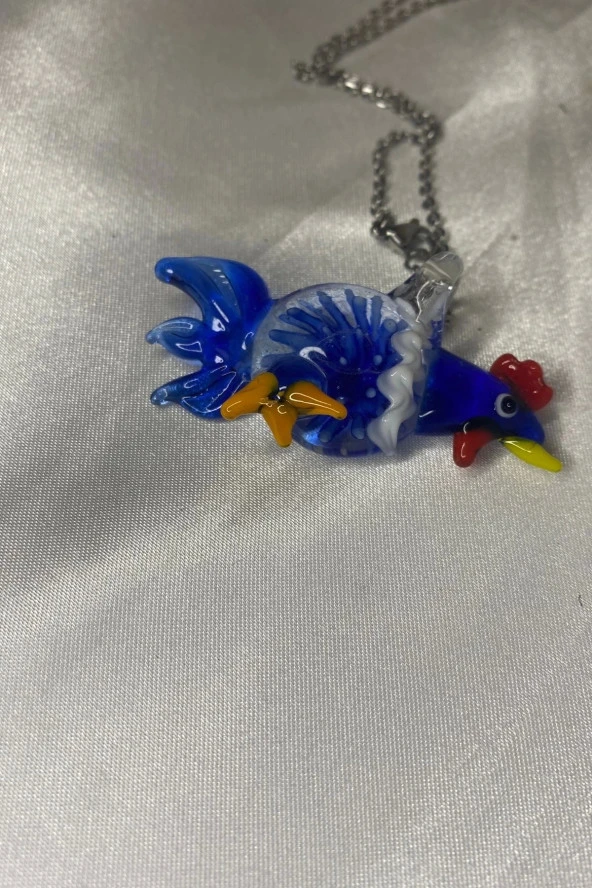 Feng Shui Ejderha Yılında Koruyucu Horoz Kolye Marone İtalyan Cam Özel Üretim Koyu Mavi - 9