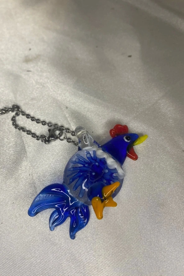 Feng Shui Ejderha Yılında Koruyucu Horoz Kolye Marone İtalyan Cam Özel Üretim Koyu Mavi - 3