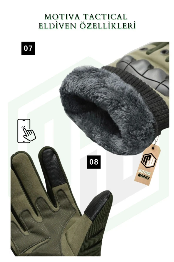 Soğuk Hava Taktik Eldiven Siyah Içi Tüylü Bilek Lastikli Korumalı Askeri Airsoft Motosiklet - 3