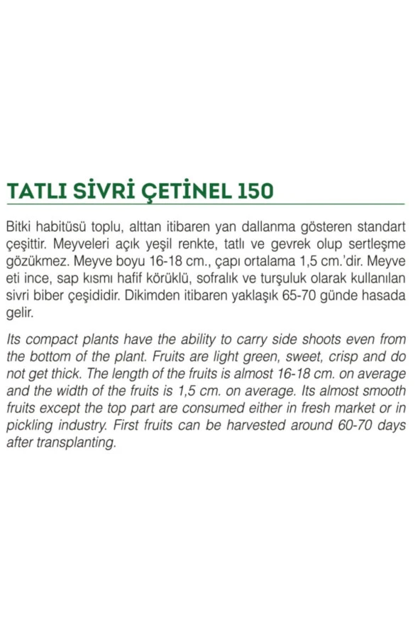 AGRODAL TARIM Ata Tohumu Doğal Tatlı Sivri Çetinel Biber 100 Adet Yerli Tohum - Resim 2