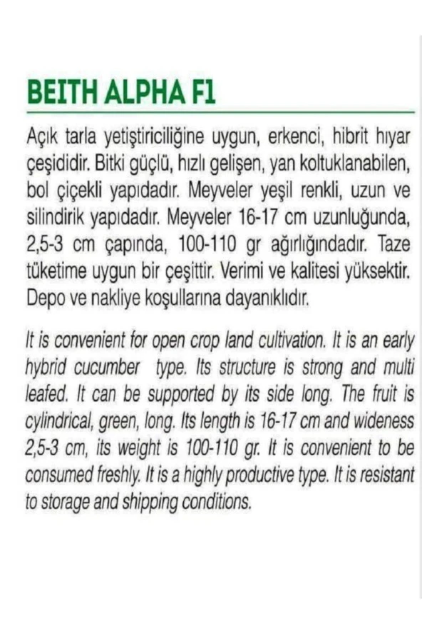 AGRODAL TARIM Yüksek Verimli Hibrit Hıyar Oturak Salatalık Tohumu Beıth Alpha-f1 30 Adet Tohum - Resim 2