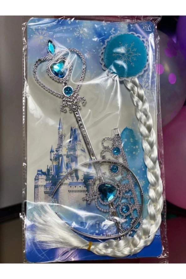 Yeni Karlar Ülkesi Frozen Elsa Prenses Model Çocuk Örgü Çıtçıt Saç Toka Taç Asa 3 Lü Hediye Set Mavi - 1