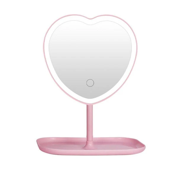Valkyrie Kalp Şeklinde LED Işıklı Şarjlı Makyaj Aynası - 3 Farklı Işık Rengi - Dokunmatik Touch Ekran - Şarjlı ve Kontrast Ayarlı - Büyük Boy