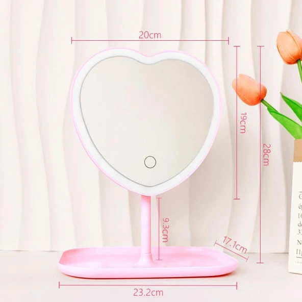 Valkyrie Kalp Şeklinde LED Işıklı Şarjlı Makyaj Aynası - 3 Farklı Işık Rengi - Dokunmatik Touch Ekran - Şarjlı ve Kontrast Ayarlı - Büyük Boy - 2