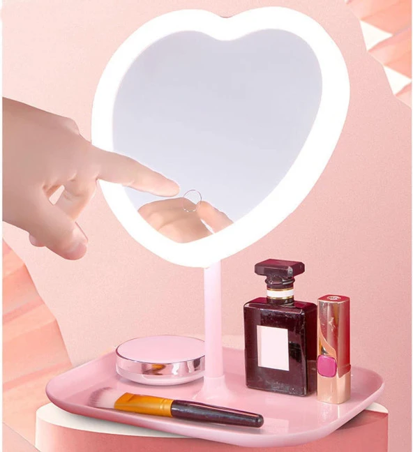 Valkyrie Kalp Şeklinde LED Işıklı Şarjlı Makyaj Aynası - 3 Farklı Işık Rengi - Dokunmatik Touch Ekran - Şarjlı ve Kontrast Ayarlı - Büyük Boy - 8