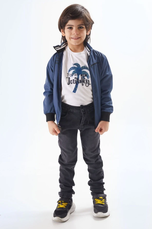 İndigo Palmiye Baskılı Tişörtlü Erkek Çocuk Ceketli 3lü Takım 17586