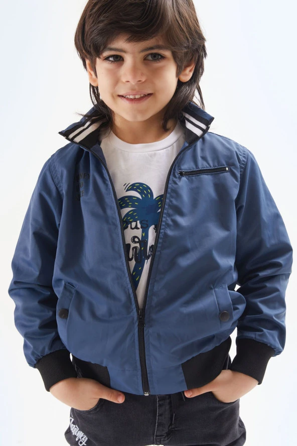 İndigo Palmiye Baskılı Tişörtlü Erkek Çocuk Ceketli 3lü Takım 17586 - 2