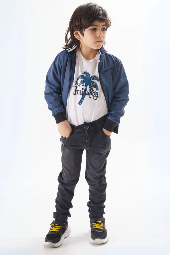 İndigo Palmiye Baskılı Tişörtlü Erkek Çocuk Ceketli 3lü Takım 17586 - 3