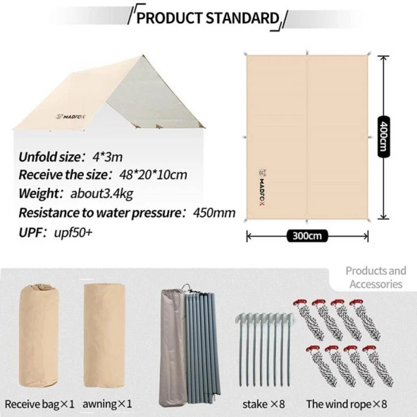 Madfox OEM Tarp 4x3 mt [ Güneş ve Rüzgar Koruma Brandası ] - 4