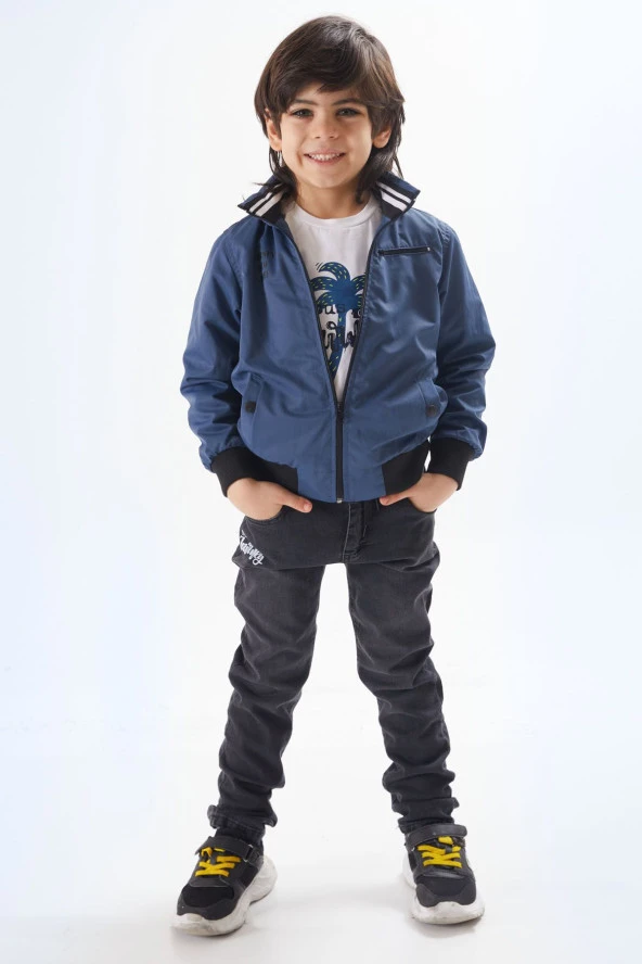 İndigo Palmiye Baskılı Tişörtlü Erkek Çocuk Ceketli 3lü Takım 17586 - 4