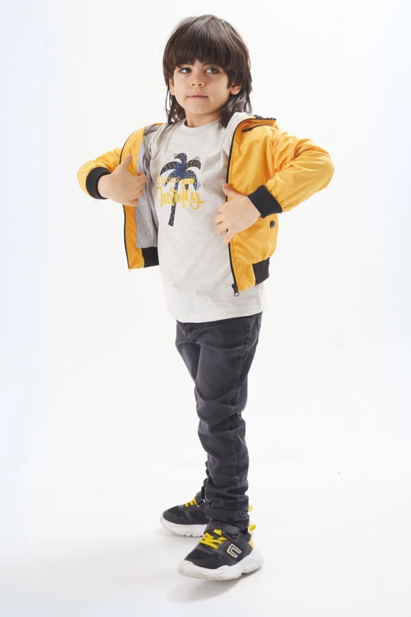 Gri Palmiye Baskılı Tişörtlü Erkek Çocuk Ceketli 3lü Takım 17585