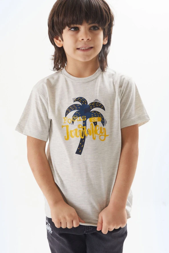 Gri Palmiye Baskılı Tişörtlü Erkek Çocuk Ceketli 3lü Takım 17585 - 2