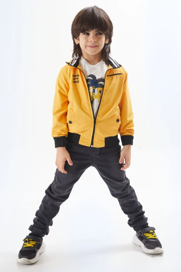 Gri Palmiye Baskılı Tişörtlü Erkek Çocuk Ceketli 3lü Takım 17585 - 3