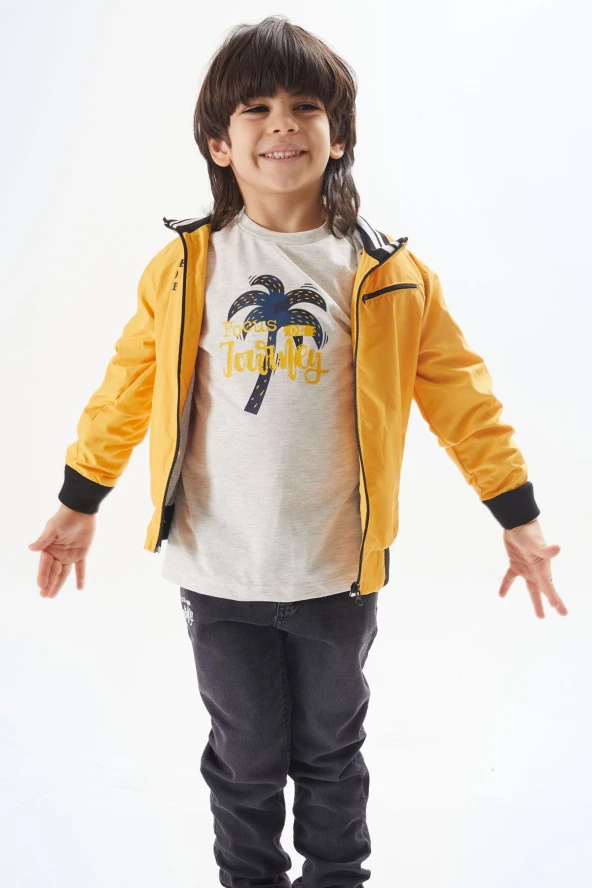 Gri Palmiye Baskılı Tişörtlü Erkek Çocuk Ceketli 3lü Takım 17585 - 4