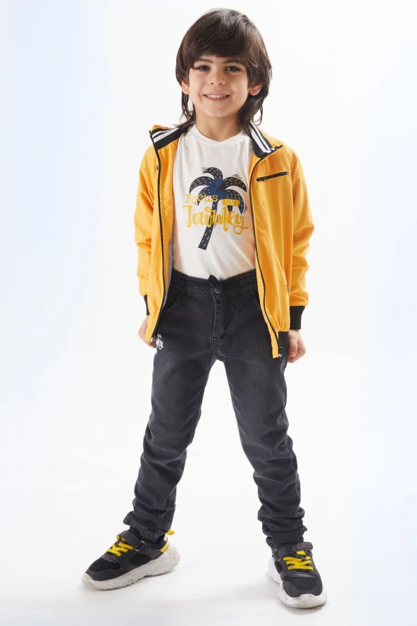 Hardal Palmiye Baskılı Tişörtlü Erkek Çocuk Ceketli 3lü Takım 17583