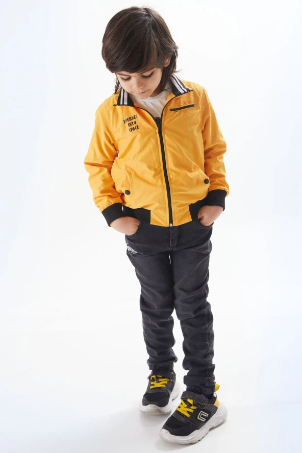 Hardal Palmiye Baskılı Tişörtlü Erkek Çocuk Ceketli 3lü Takım 17583 - 3