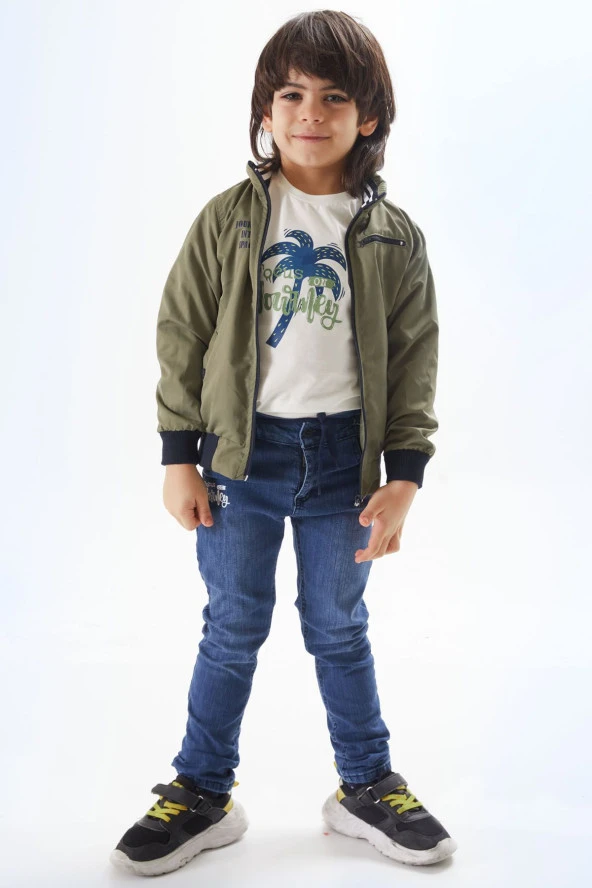 Haki Palmiye Baskılı Tişörtlü Erkek Çocuk Ceketli 3lü Takım 17581