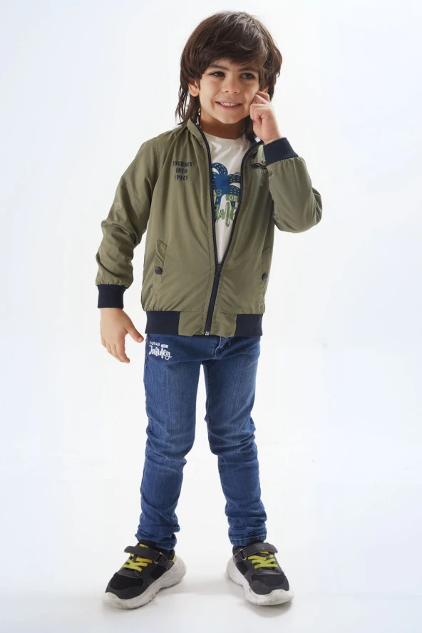 Haki Palmiye Baskılı Tişörtlü Erkek Çocuk Ceketli 3lü Takım 17581 - 2