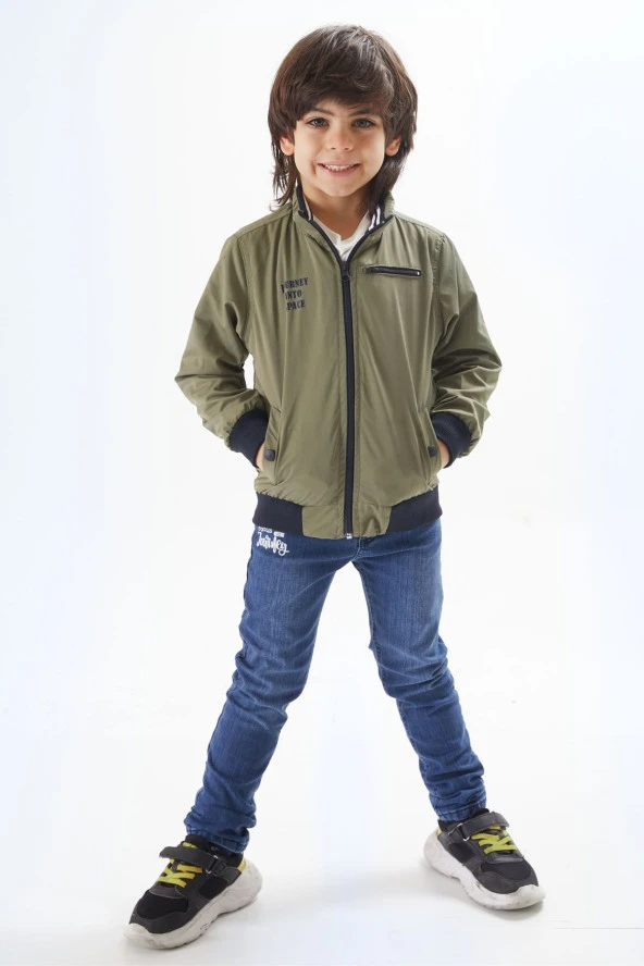 Haki Palmiye Baskılı Tişörtlü Erkek Çocuk Ceketli 3lü Takım 17581 - 3