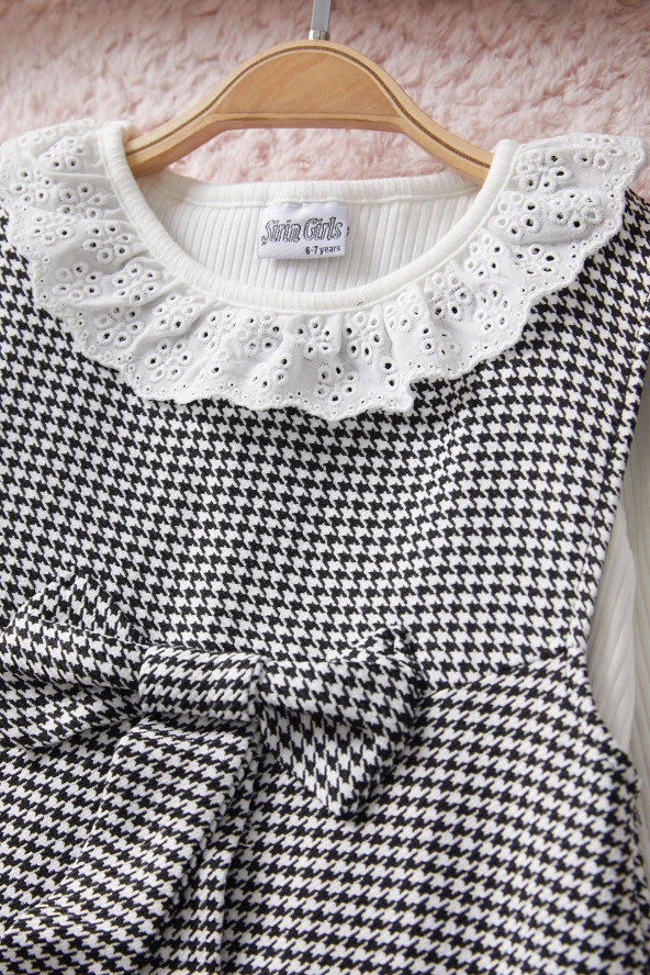 Siyah Kazayağı Desenli Fiyonklu Kız Çocuk Badili Elbise 17580 - 2