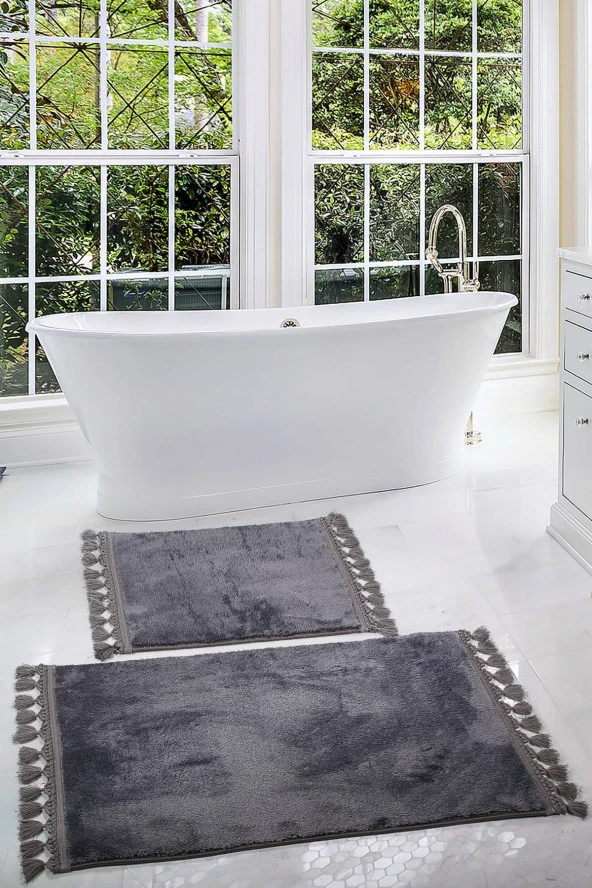 Relax Antrasit 60x100 + 50x60 cm 2li Köşeli Ponpon Saçaklı Banyo Halısı Paspası Seti Kaymaz Tabanlı