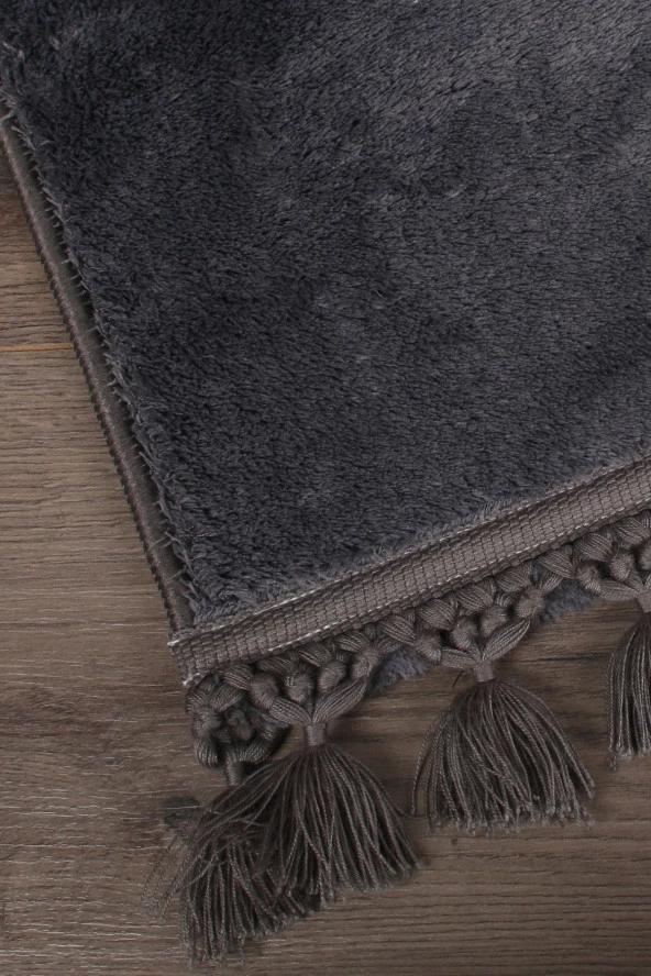 Relax Antrasit 60x100 + 50x60 cm 2li Köşeli Ponpon Saçaklı Banyo Halısı Paspası Seti Kaymaz Tabanlı - 2