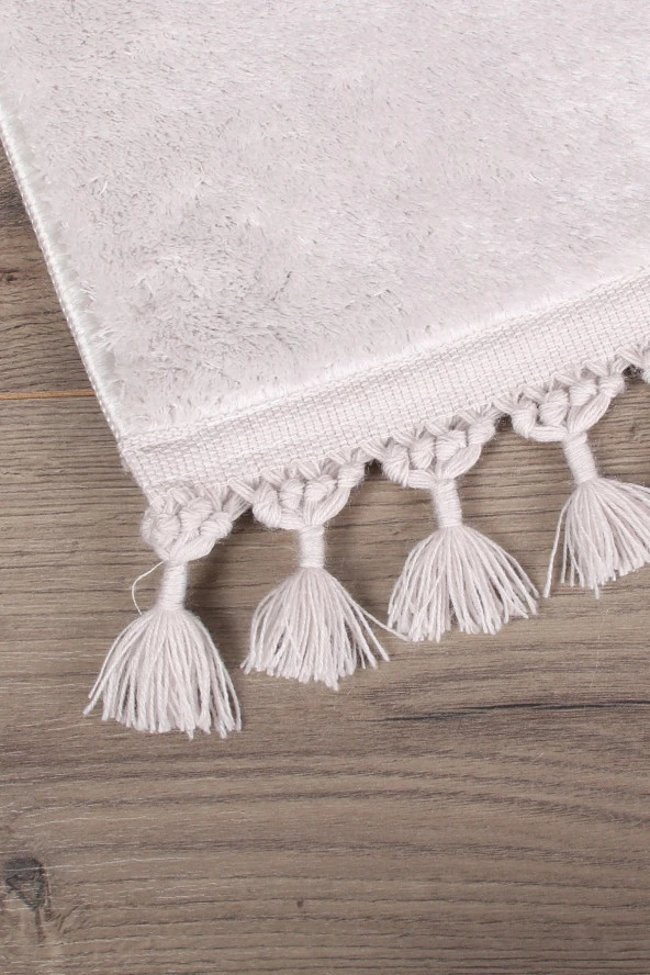 Relax Gri 60x100 + 50x60 cm 2li Köşeli Ponpon Saçaklı Banyo Halısı Paspası Seti Kaymaz Yıkanabilir - 2