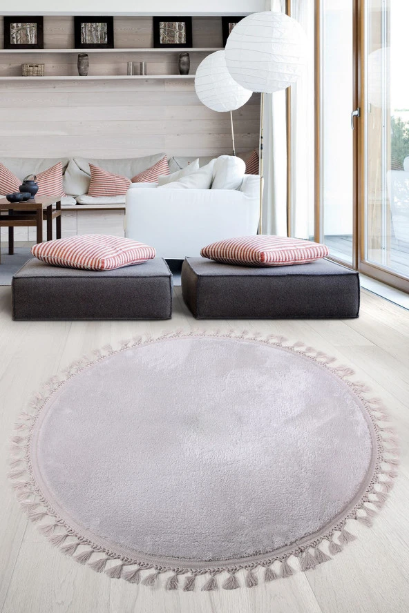 Relax Gri Yuvarlak 120x120 Cm Ponpon Saçaklı Kaymaz Tabanlı Makinede Yıkanabilir Banyo Paspası