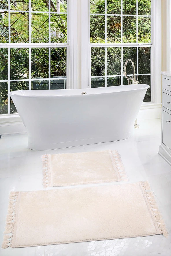 Relax Krem 60x100 + 50x60 cm 2li Köşeli Ponpon Saçaklı Banyo Halısı Paspası Seti Kaymaz Yıkanabilir