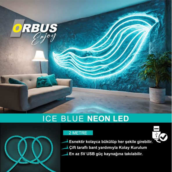 ORBUS Neon Şerit Led ICEBLUE 2 Metre USB'li
