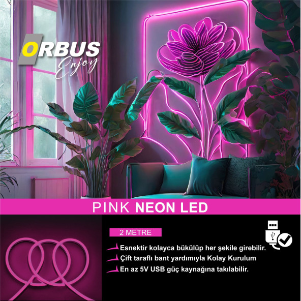 ORBUS Neon Şerit Led PINK 2 Metre USB'li
