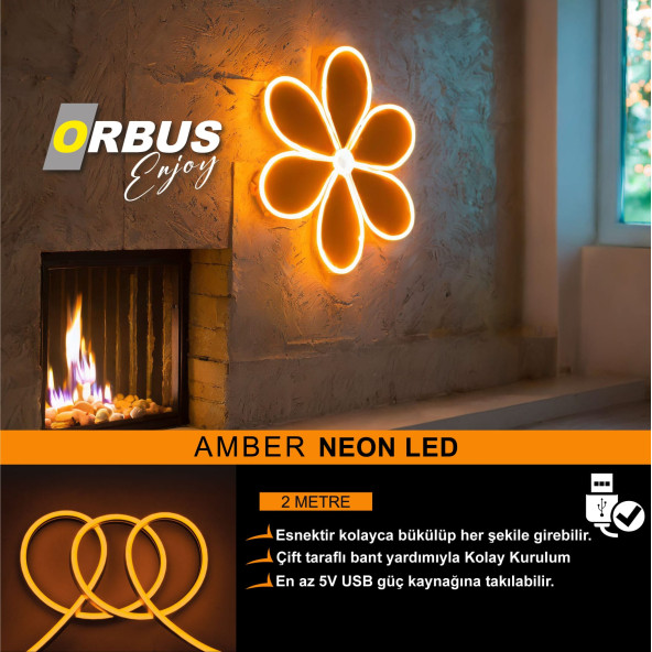 ORBUS Neon Şerit Led AMBER 2 Metre USB'li