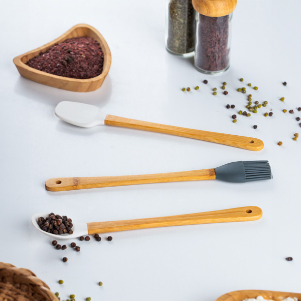 Porsima Mıen 3 Parça Mini Silikon Kaşık Spatula Fırça - Yanmaz Yapışmaz Hazırlık Seti - 23 cm - 2
