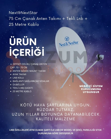 Next&NextStar  75 Cm Çanak Anten Takımı + Tekli Lnb +  25 Metre Kablo - Resim 3