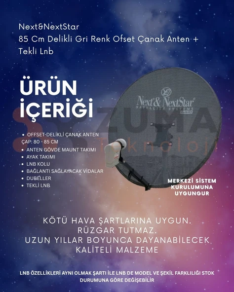 Next&NextStar  85 Cm Delikli Gri Renk Ofset Çanak Anten + Tekli Lnb - Resim 2