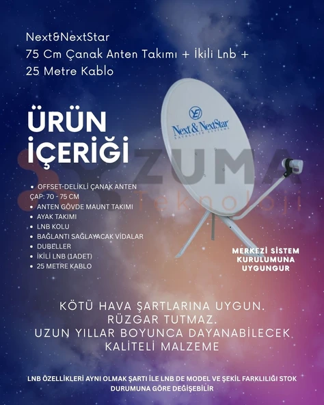 Next&NextStar 75 Cm Çanak Anten Takımı + İkili Lnb + 25 Metre Kablo - Resim 5