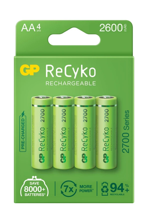 Recyko 2700 Aa Kalem Ni-mh Şarjlı Pil, 1.2 Volt, 4lü Kart