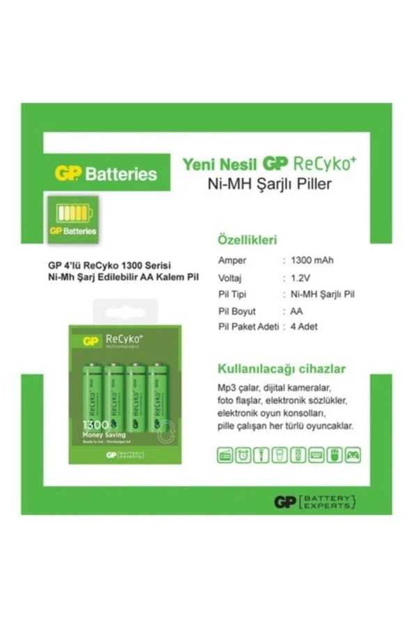 Recyko 1300 Aa Kalem Ni-mh Şarjlı Pil, 1.2 Volt, 4lü Kart - 3