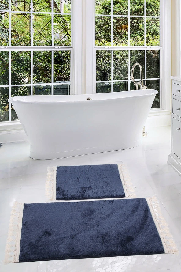 Relax Lacivert 60x100 + 50x60 cm 2li Köşeli Ponpon Saçaklı Banyo Halısı Paspası Seti Kaymaz Tabanlı