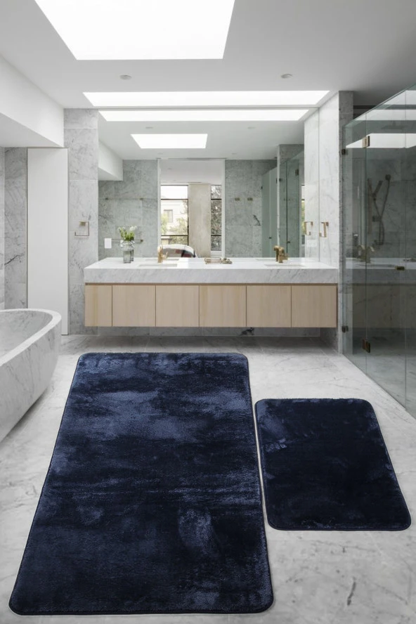 Relax Lacivert 80x150 + 50x80 cm Büyük Ebat 2li Banyo Halısı Paspası Seti Kaymaz Klozet Takımı