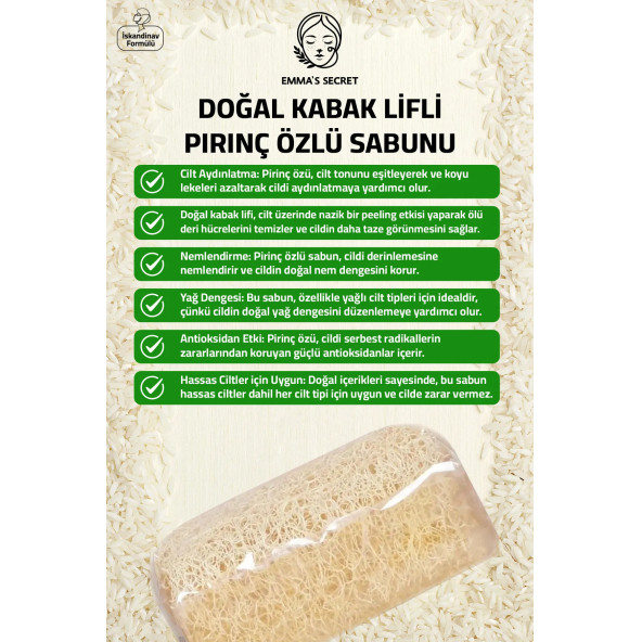 EMMAS SECRET Doğal Kabak Lifli Pirinç Özlü Sabunu - İskandinav formülü 125 gr - 2