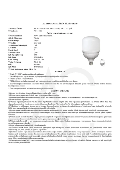 30W Torch Led Ampul 6500K (Beyaz Işık) - Resim 2