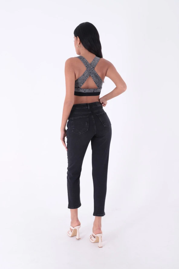 Dar Kesimli Yüksek Belli Lazer Yırtıklı Mom Jean Kadın Kot Pantolon Antrasit Denim Dört Mevsim - 4