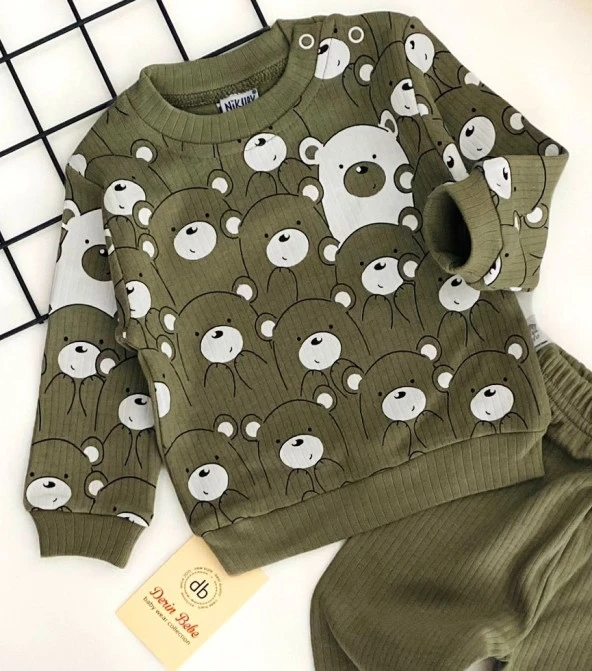 Neşeli Bebekler Sevimli Ayıcıklar Baskılı Desen İki İplik Penye Kumaş Takım Haki - Resim 2