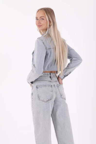 Paçaları Yırtmaç Detaylı ve Geniş Paçalı Yüksek Belli Rahat Jean Kadın Kot Pantolon BuzMavisi Denim  - 5