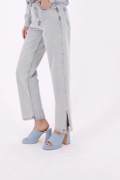 Paçaları Yırtmaç Detaylı ve Geniş Paçalı Yüksek Belli Rahat Jean Kadın Kot Pantolon BuzMavisi Denim  - 6